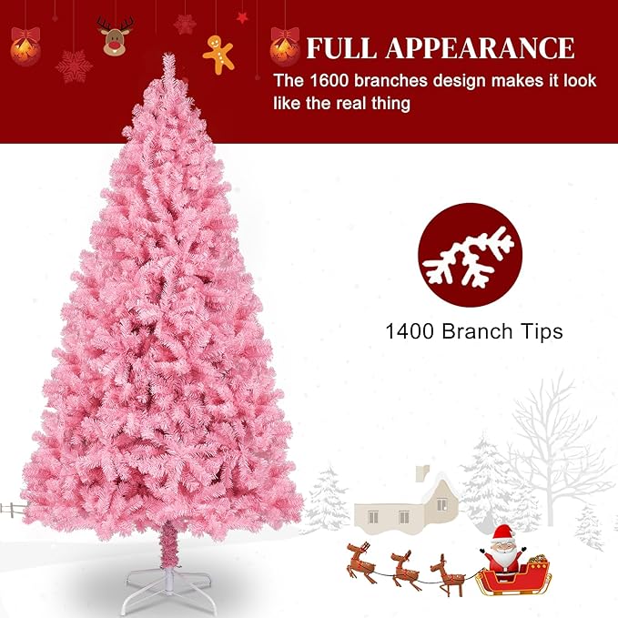 Bonnlo 7ft Unlit Pink Christmas Tree, Artificial Christmas Tree w/1400 Branch Tips, Sturdy Metal Stand, Indoor & Outdoor Xmas Tree for Holiday Decor