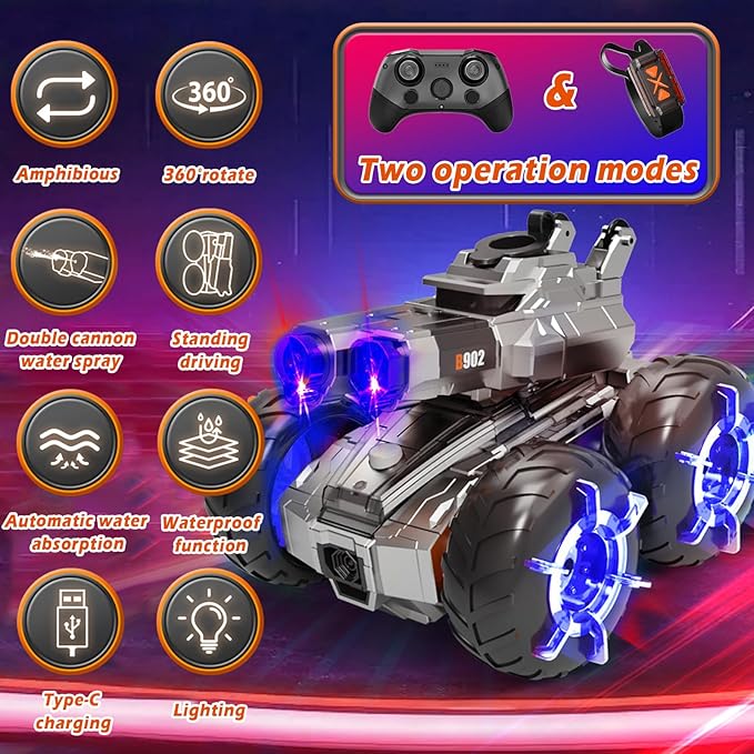 4WD Amphibious Water Gun Remote Control Car-2.4GHz Control & Gesture Sensing RC Car Remote Control Boat, Waterproof Remote Control Pool Water Toys for Kids 8 9 10+
