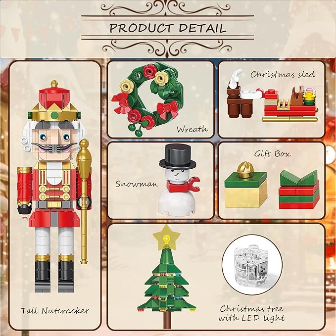 Christmas Nutcracker Building Set with Light - 2 Soldiers, Light-Up Christmas Tree, Wreath, Snowman, Sleigh & Train - Compatible with Lego, Xmas Gifts for Kids Adults (797PCS)