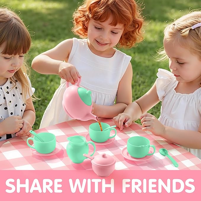 JOYIN 18PCS Pretend Tea Party Set, Plastic Tea Set, Mini Kitchen for Kids, Gifts for Toddler Boys Girls Ages 3 4 5 6 Years Old