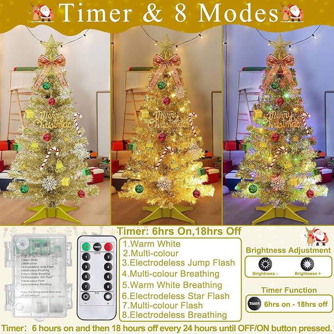 3Ft Small Christmas Tree with Timer Remote, 8 Modes 50 Warm White&Colorful Change Lights, 3D Star&44 Ornaments, Battery Operated, Mini Christmas Tree Table Indoor Holiday Party Decor