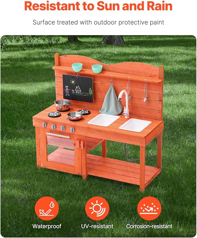 VEVOR Mud Kitchen for Kids, Wooden Toy Play Kitchen Set, Outdoor Toddler Grocery Store Playset for Boys & Girls, Pretend Play Kitchen with Stoves, Sink, Faucet, Blackboard, Cookware Pots, Accessories