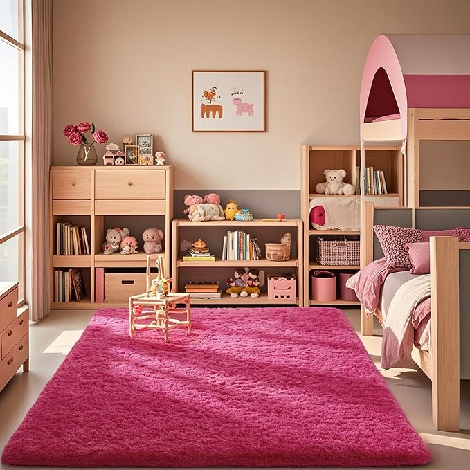 Ophanie Hot Pink Rugs for Bedroom Living Room, Fluffy Fuzzy Furry Carpet, Plush Soft Shaggy Bedside Indoor Floor 4x6 Area Rug for Kids Girls Boys Baby Teen Dorm Nursery Home Decor Aesthetic