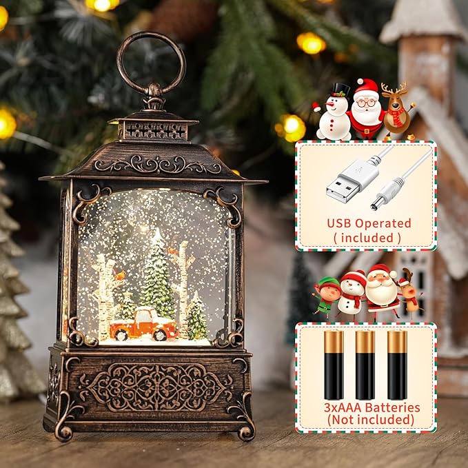 Christmas Snow Globes with Red Truck, Light Up Snow Globes with Music Timer - USB Plug or Battery Operated Glitter Globe Indoor Christmas Decorations