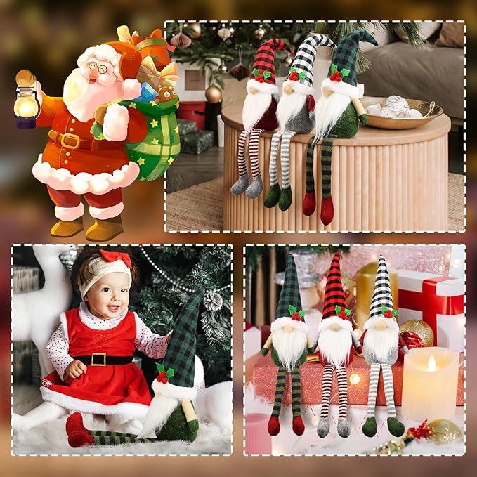 3Pcs Christmas Gnomes Plush - Xmas Gnomes Santa Scandinavian Tomte Ornaments - Buffalo Check Plaid Christmas Doll - Xmas Decorations for Home, Office, Indoor for Women, Gnomes Lovers
