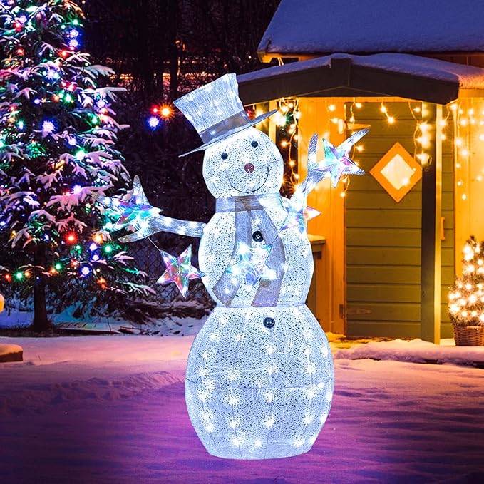 Tangkula 5 FT Christmas Lighted Snowman with Stars, Lighted Christmas Decoration with 140 Cold White LED Bulbs, Ground Stakes & Zip Ties Included, Xmas Festive Decoration for Indoor & Outdoor