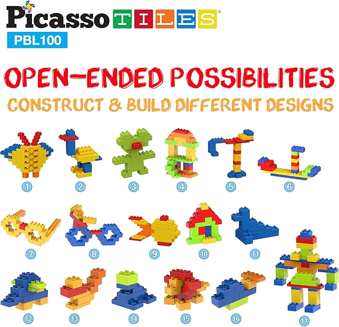 PicassoTiles 100 Piece Large Construction Brick Building Blocks STEM Bricks Toy Set Creative Learning Early Education Playset 5 Colors 4 Unique Shapes Mix & Match Toys for Kids Boys Girls Child Age 3+