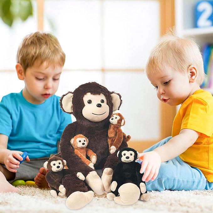 5 Pcs Monkey Stuffed Animal with Babies, Huggable Mom and 4 Baby Stuffed Monkey Plush Toys Cute Stuffed Monkeys Doll Set Christmas Birthday Party Easter Stuffers Gifts for Kids Girls Boys