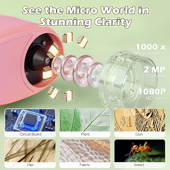 Kids Microscope Digital 1000X Zoom, Mini Pocket Handheld Microscope Portable Travel Toys, HD Photo & Video with 8GB SD Card, Christmas Birthday Gifts for Girls, STEM Toys for Toddlers Age 3-8