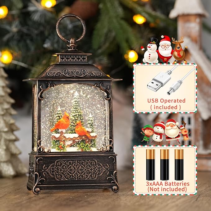 Red Cardinals Bird Snow Globe, Light Up Christmas Snow Globes with Music Timer - USB Plug or Battery Operated Glitter Globe Indoor Christmas Decorations