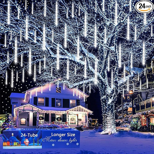 Aokudoni Christmas Lights Outdoor 24 Tubes Meteor Shower Lights (Equivalent to 3 Sets of 8-Tubes) Waterproof Outside Christmas Decorations for Tree Window Yard Party Holiday UL Plug White