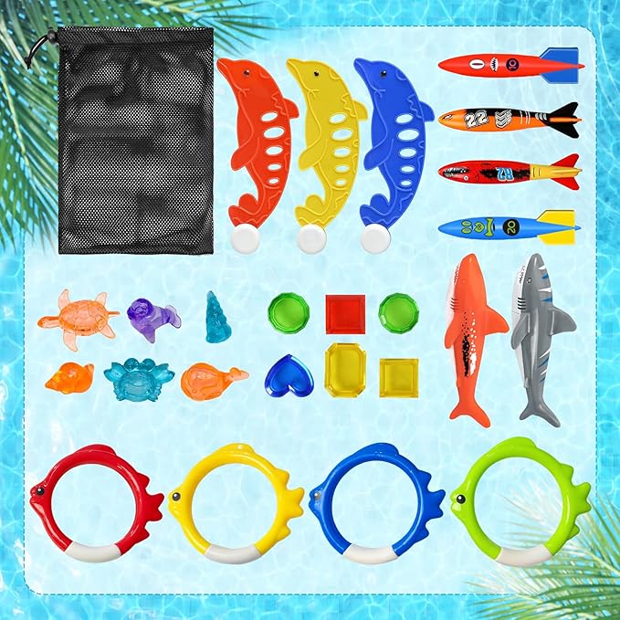 Jasonwell Pool Diving Toys Games - 25PCS Swimming Pool Toys with Dive Sticks and Rings Underwater Treasures Torpedo Bandits Fish Toy etc Fun Water Swim Toy for Boys Girls Adults Kids Teens