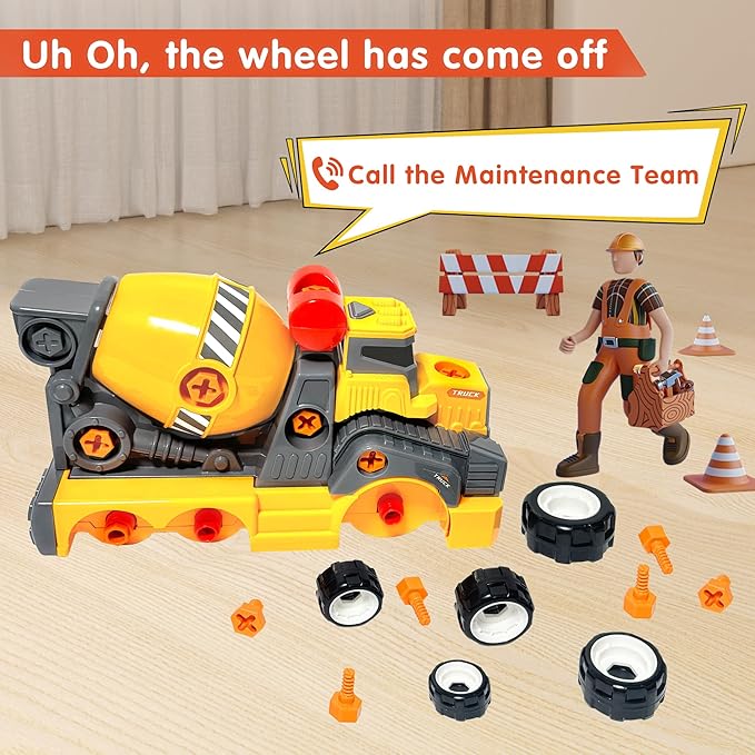 11inches Large Take Apart Cement Mixer Trucks Construction Toys for Boys Girls Kids 3-5 6-8 Year Old Electric Drill Set Assembly Building Toys