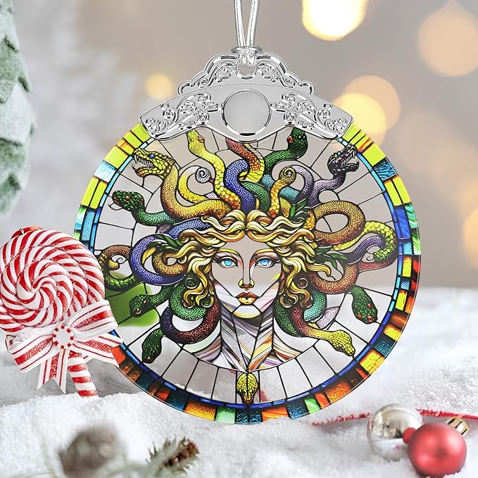 Medusa Christmas Ornaments, 3" Stained Glass Christmas Decor, Christmas Tree Ornaments, Gifts for Women, Unique Gift Idea, Perfect for Holiday Party, Tree, Window, Home Decor