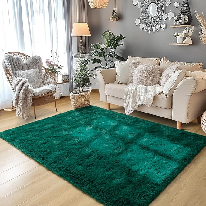3x5 Dark Green Fluffy Bedside Area Rug Machine Washable, Small Shag Rugs Non Shedding for Living Room, Fluffy Carpet Anti Slip, Kids Playroom, Boy Girl Nursery