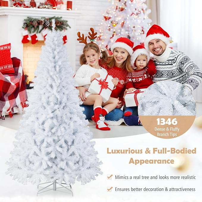 GOFLAME 7.5FT White Christmas Tree, Artificial Hinged Christmas Tree with 1346 PVC Branch Tips and Folding Metal Stand, Indoor Outdoor Xmas Decoration Tree for Home Office Party, Easy Setup