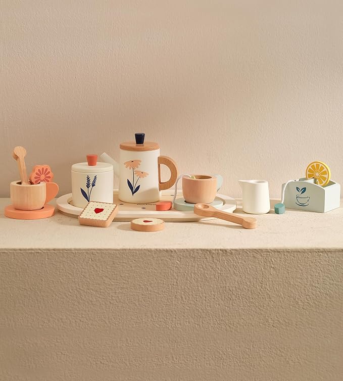 PairPear Wooden Tea Set for Toddlers,Wooden Toys Tea Party Set Play Kitchen Accessories for Kids Girls and Boys 3 Years and up,Toddler Princess Tea Time Party Food Toys