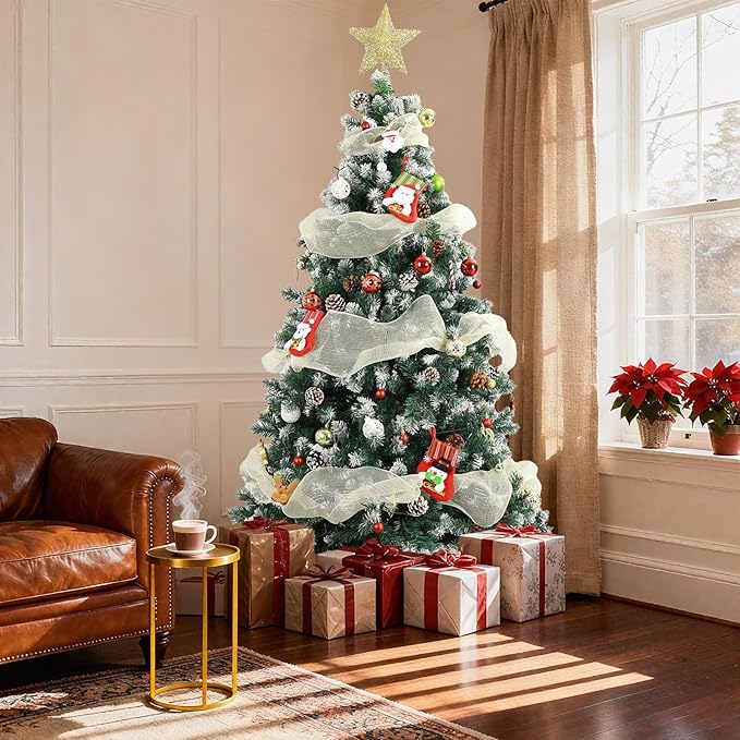 Beyond Prelit 7FT Artificial Christmas Tree with 250 LED Warm White Lights, Hinged Green Christmas Tree with 1100 Branch Tips and Pinecone, Xmas Tree with Metal Stand for Home, Party Decoration, Green