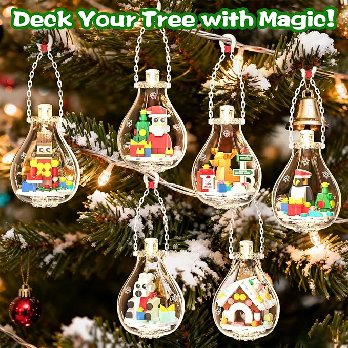 2025 Light-Up Christmas Ornament Building Kit — 647 PCS Holiday Building Blocks Set for Kids and Adults, Featuring Gingerbread House, Santa, Reindeer, Polar Bear, Nutcracker Soldier & Penguin