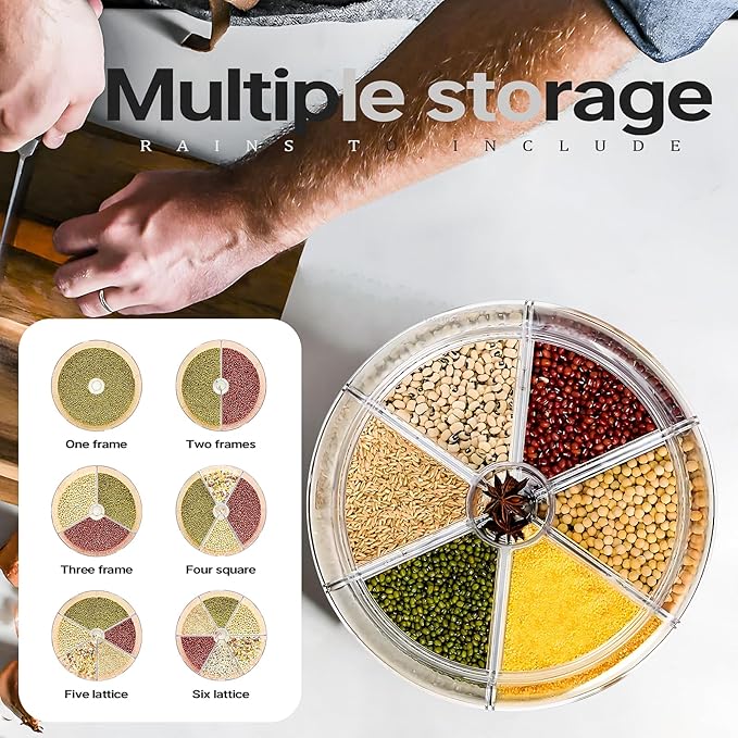 16lb Grain Dispenser 6 Grid Grain Container, 360° Rotating Dry Food Dispenser, Airtight Storage, Upgrade 6 Compartment Rotating Grain Dispenser Storage Container