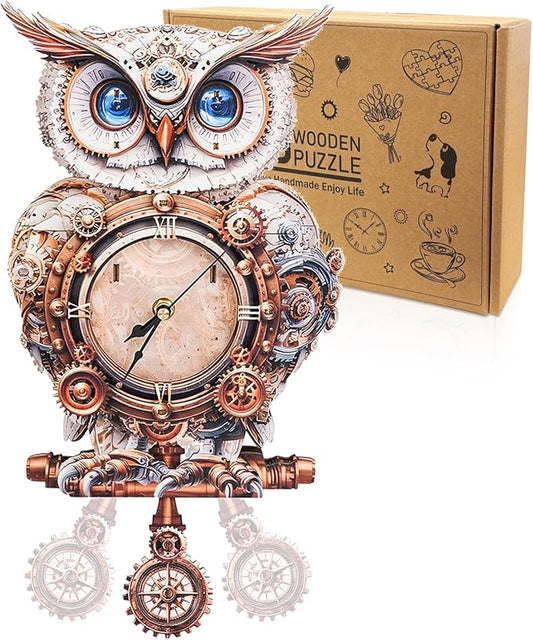 3D Puzzles for Adults Clock-Mechanical Owl Design Model Kit-Mechanical DIY Pendulum Clock with Roman Numerals-Desk Home Office Decor Personalized Gift for DIY Lovers