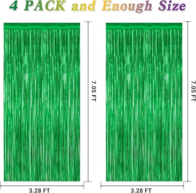 4 Pack Green Streamers, 3.28 FT x 7.05 FT Birthday Tinsel Backdrop, Metallic Foil Fringe Curtains Photo Booth Backdrop, Green Jungle Theme Decorations Birthday Decor