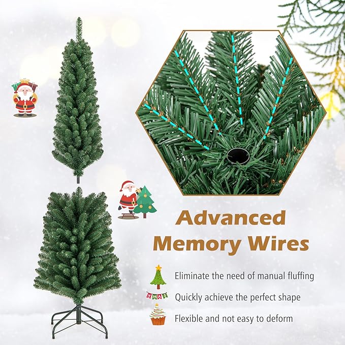 GOFLAME 6FT Pencil Christmas Tree, Slim Artificial Xmas Tree with 392 Memory Wire Branch Tips & Upgraded Metal Stand, Seasonal Holiday Decoration Tree for Home Office Party