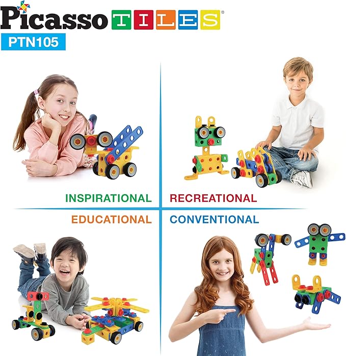 Picasso Toys STEM Learning Toys 105 Piece Building Block Set Kids Construction Engineering Kit Toy Blocks Children Early Education Playset w/IdeaBook, Power Drill, Clickable Ratchet, Age 3+ PTN105