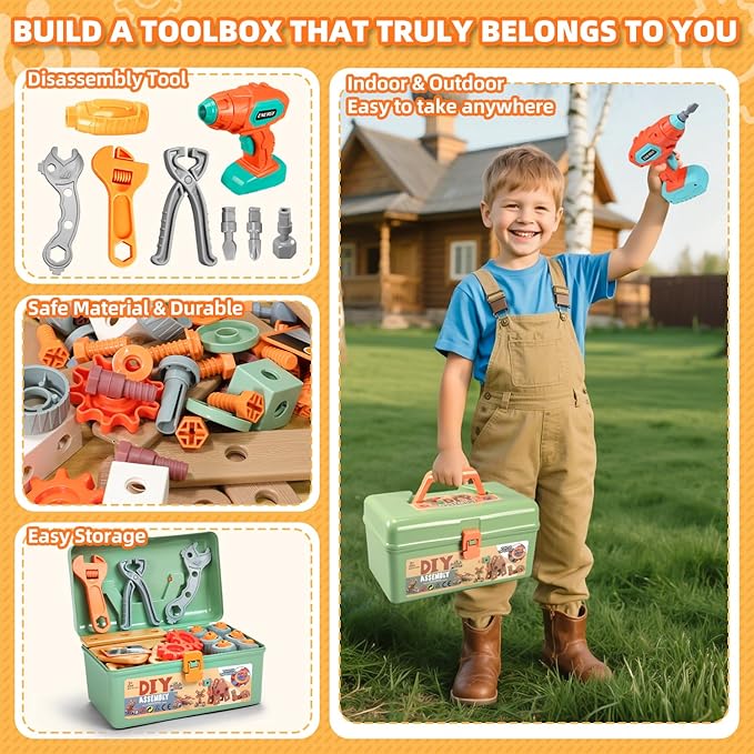 Kids Tool Set with Drill,155Pcs Toddler Tool Set with Toolbox,STEM Montessori Toys for 3 4 5 Year Old,Pretend Play Kid Toy,Educational Construction Toy for 3-5 Year Old Boy Girl,Birthday Gift for Kids