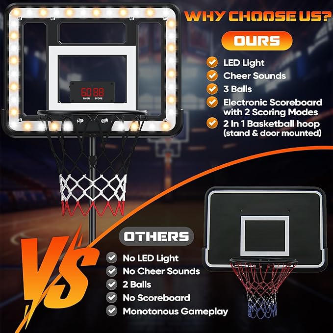 Kids Indoor Basketball Hoop with Scoreboard & Timer,Toddler Adjustable Height 3ft-5.8ft Basketball Hoop with Stand Goal Toy for Outdoor Backyard,Sports Game Play for Boys Age 3-8