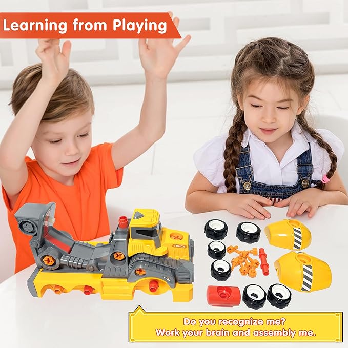 11inches Large Take Apart Cement Mixer Trucks Construction Toys for Boys Girls Kids 3-5 6-8 Year Old Electric Drill Set Assembly Building Toys