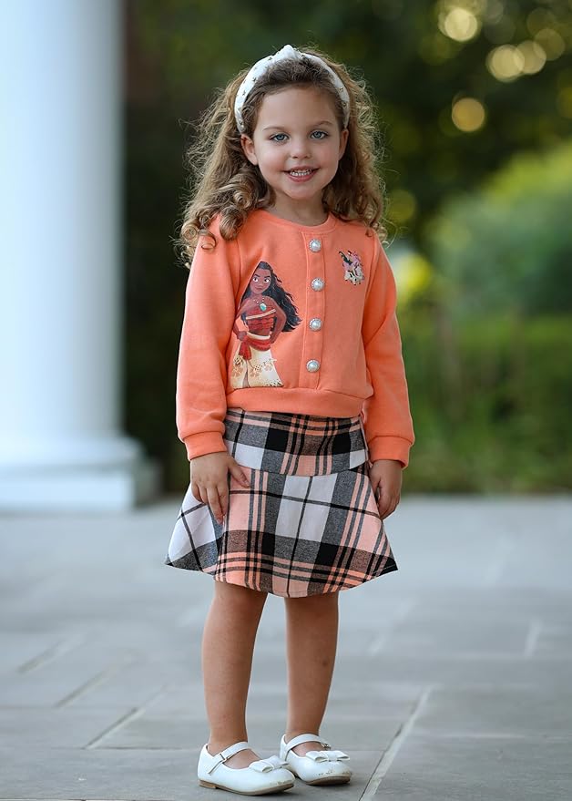 Disney Frozen Elsa Stitch Princess Moana Minnie Toddler Girl 2 Piece Outfit Kid Pearl Button Knit Top & Tweed Skirt Set 2-13Y