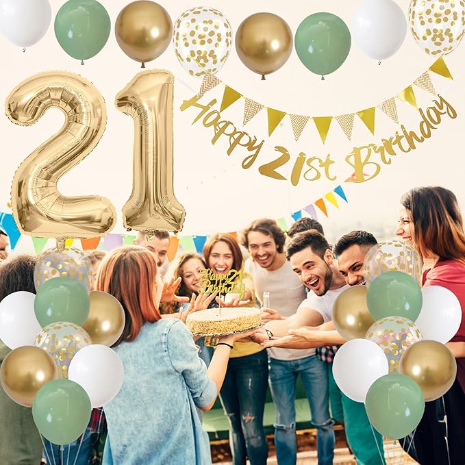 21st Birthday Decorations for Him Her, Happy Banner With Cake Topper Number 21 Foil Balloon, Sage Green White Gold Balloons for Men Women 21 Year Old Party Decoration