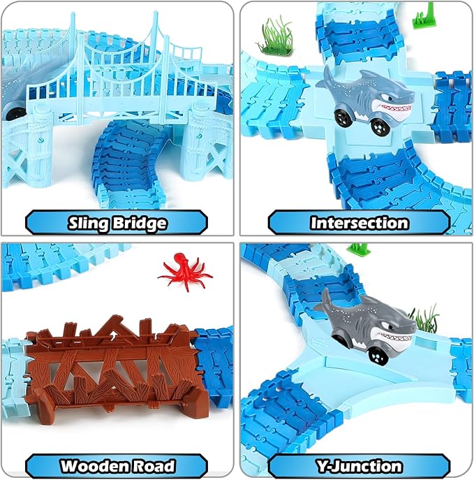 264 PCS Shark Race Tracks for Kids Toys, Glow in The Dark Magic Toy Set, 2 Shark Cars Track, Flexible DIY Track Set, Birthday Gift for Age 3-9 Boys Toddler Girls