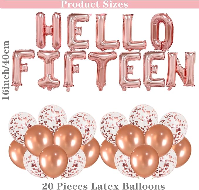 15th Birthday Decorations for Girls Rose Gold 15th Happy Birthday Tiara Sash Hello Fifteen Party Supplies Number 15 Balloons 15 Years Old Bday Party Kit for Her Girl (Rose gold)