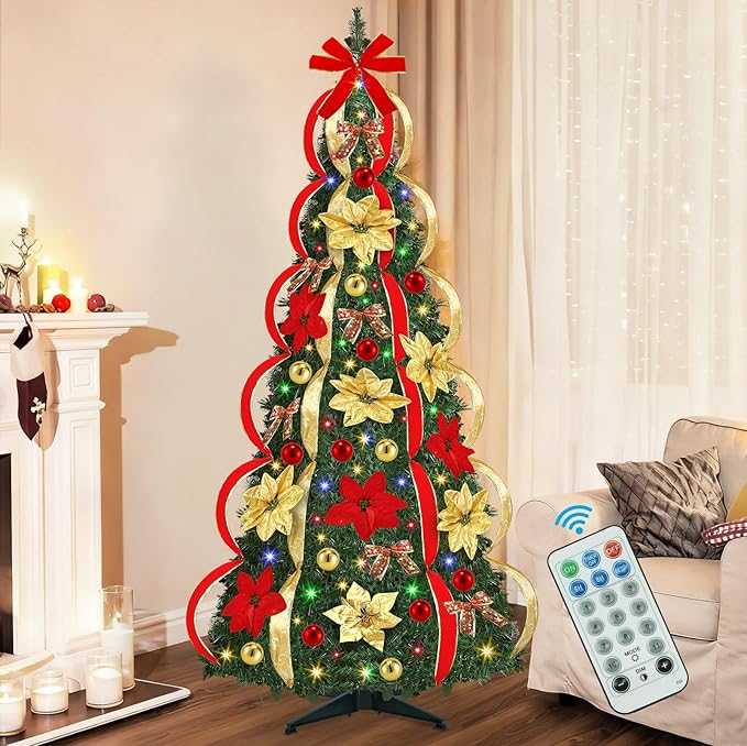 [ 8 Modes & Timer ] 6 Ft Prelit Full Pop Up Christmas Tree with 200 Warm White LED Lights, Ornaments, Red & Gold Ribbon, Bows, Plug in Collapsible Christmas Trees Outdoor Indoor Christmas Decor