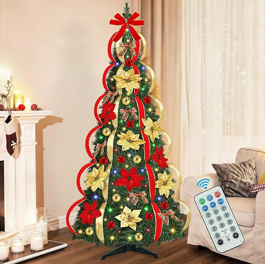 [ 8 Modes & Timer ] 6 Ft Prelit Full Pop Up Christmas Tree with 200 Warm White LED Lights, Ornaments, Red & Gold Ribbon, Bows, Plug in Collapsible Christmas Trees Outdoor Indoor Christmas Decor