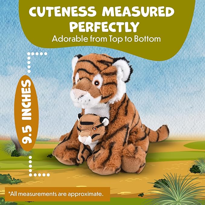 Mom and Baby Stuffed Animals for Boys & Girls, Safari Baby Shower Decorations, Nursery Decor, Zoo Animals for Toddlers, Quality Realistic Toys for Kids, Cute, Soft, Huggable, Squeezable (9.5" Tiger)
