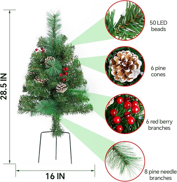 Outdoor Pathway Christmas Trees, 2-Pack 30 Inch RGB Color Changing Pre-Lit Smart Artificial Pine Tree with Cones, Remote&App Control, Outdoor Christmas Decorations for Porch Yard Walkway
