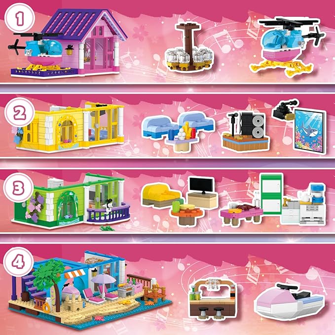 Girl Beach House Building Set with LED Light, NO Compatible with Lego 1346PCS Friends Seaside Villa Building Toy with Plane and Boat, Colorful 4 Floor Garden Home Gifts for Christmas, Valentine's Day