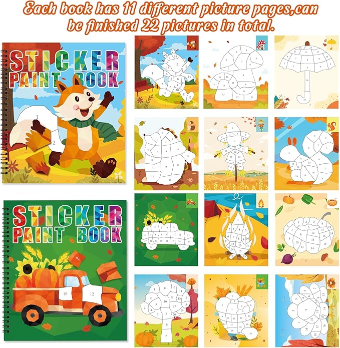 90shine 2PCS Fall Crafts for Kids Sticker Books Ages 4-8 Autumn Thanksgiving Themed Designs Party Gift Create 22 Pictures