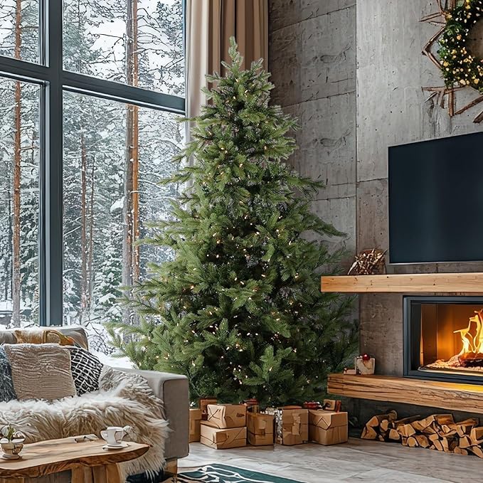Fraser Hill Farm 12-Ft. Woodside Pine Christmas Tree with Incandescent Smart Lights and Stand, Prelit Artificial Tree with Realistic Foliage, Perfect Holiday Decoration for Foyer and Living Room