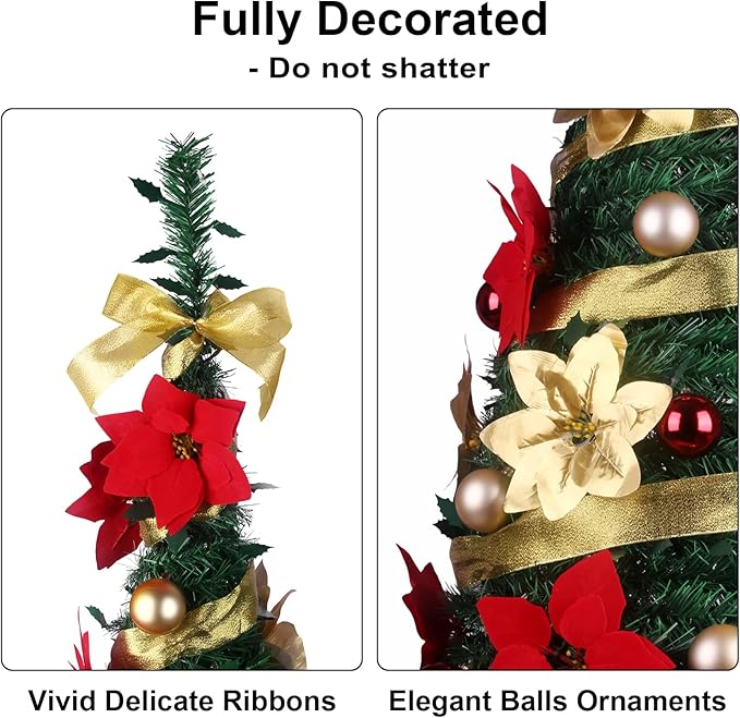 Pop Up Christmas Tree with Lights and Decorations & Remote, 6FT Prelit Pull Up Artificial Xmas Trees Decorated Christmas Tree with Red Gold Christmas Ball Ornaments Bows Ribbons Holiday Party Decor
