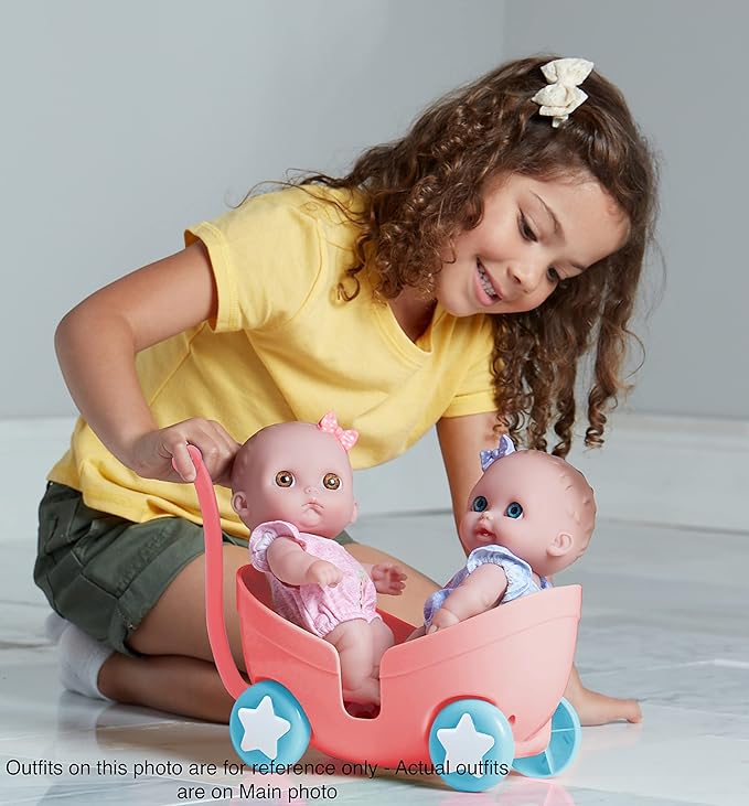 Lil Cutesies TWIN 8.5" All Vinyl Dolls and Stroller Set | Posable and Washable | Removable Outfits |Twin Stroller and Accessory | JC Toys | Ages 2+ , Green