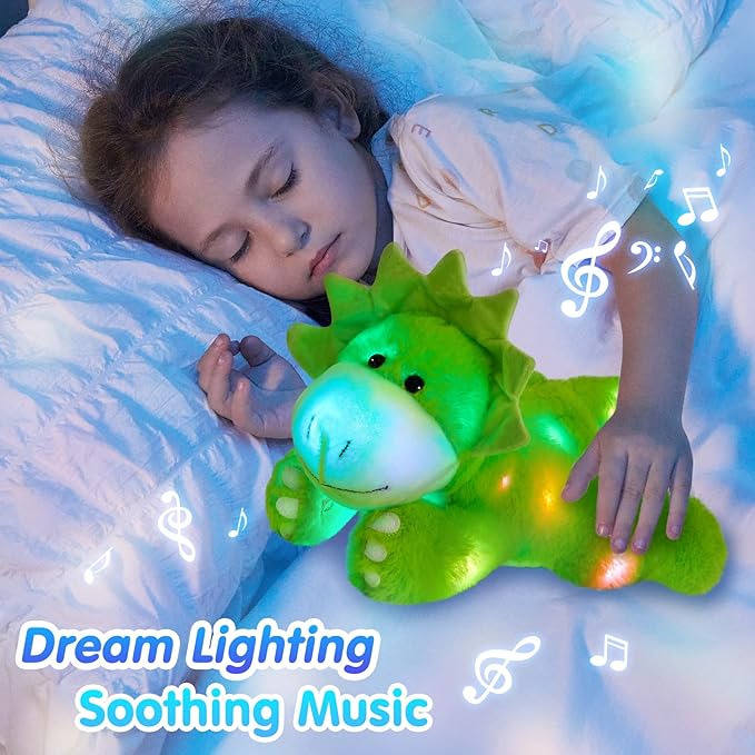 Glow Guards 15'' Light up Music Green Dinosaur Stuffed Animal Singing LED Triceratops Soft Plush Toy Pillow with Night Lights Birthday Children's Day Gifts for Toddler Kids
