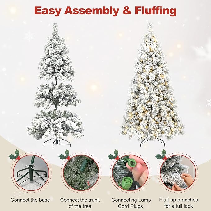 5 Ft Prelit Snow Flocked Christmas Tree with 250 Warm LED Lights, Premium Holiday Artificial Xmas Tree with 518 Realistic Branch Tips, Metal Stand for Indoor Home/Office Decor (Easy Assembly)