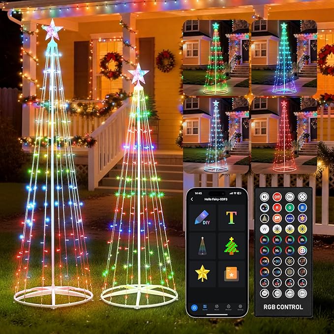 2 Pack Smart Christmas Cone Tree Light - 5FT 130 LED & 6FT 154 LED Artificial Tree with Star Topper, Music Sync, DIY RGB Light Show for Indoor/Outdoor Decorations