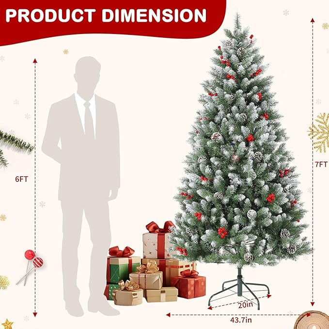 7Ft Christmas Tree Slim - Pencil Xmas Tree with Pine Cones & Berries | Artificial Xmas Tree with Metal Stand,Easy to Install