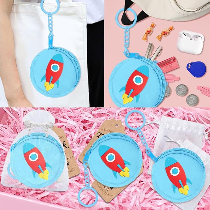 36 Pack Rocket Change Purses Set Include 12 Wallets with Keyring,12 Thank YouTags and 12 Organza Bag for Outer Space Science Fiction Themed Party, Kids Baby Shower Birthday Decor, Blue