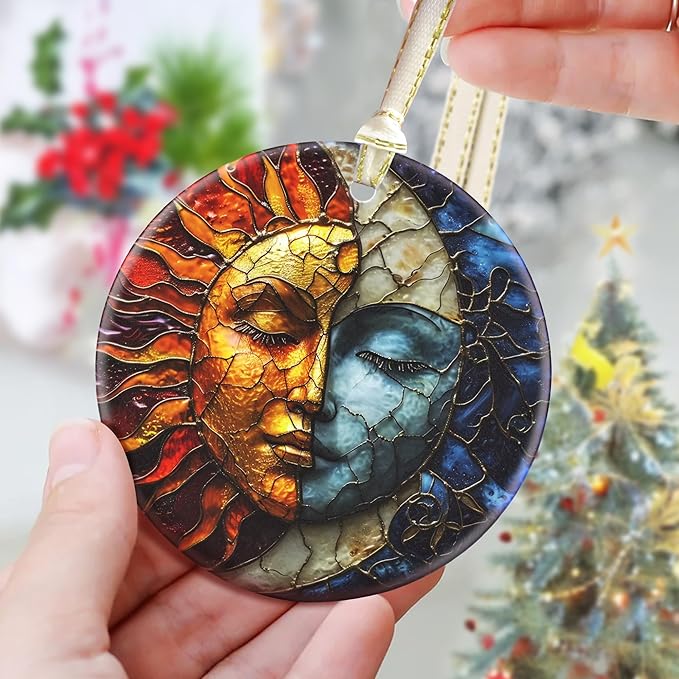 3.5 Inch Ceramic Christmas Tree Ornament, Sun and Moon Christmas Ornaments, Heirloom Keepsake, Gift Exchange, Gift Idea, Bauble Present